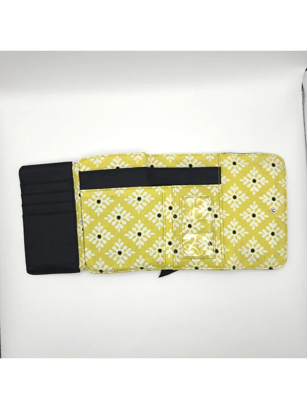 Vera Bradley Quilted Trifold Euro Retired Baroque Wallet Black Yellow Floral